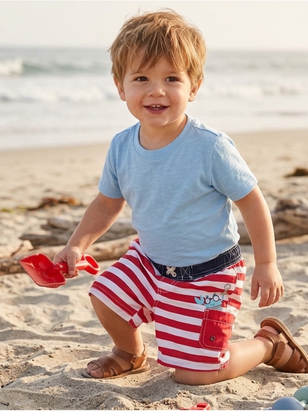 🔥 5/$15 Boys Red & White Striped Swim Trunks